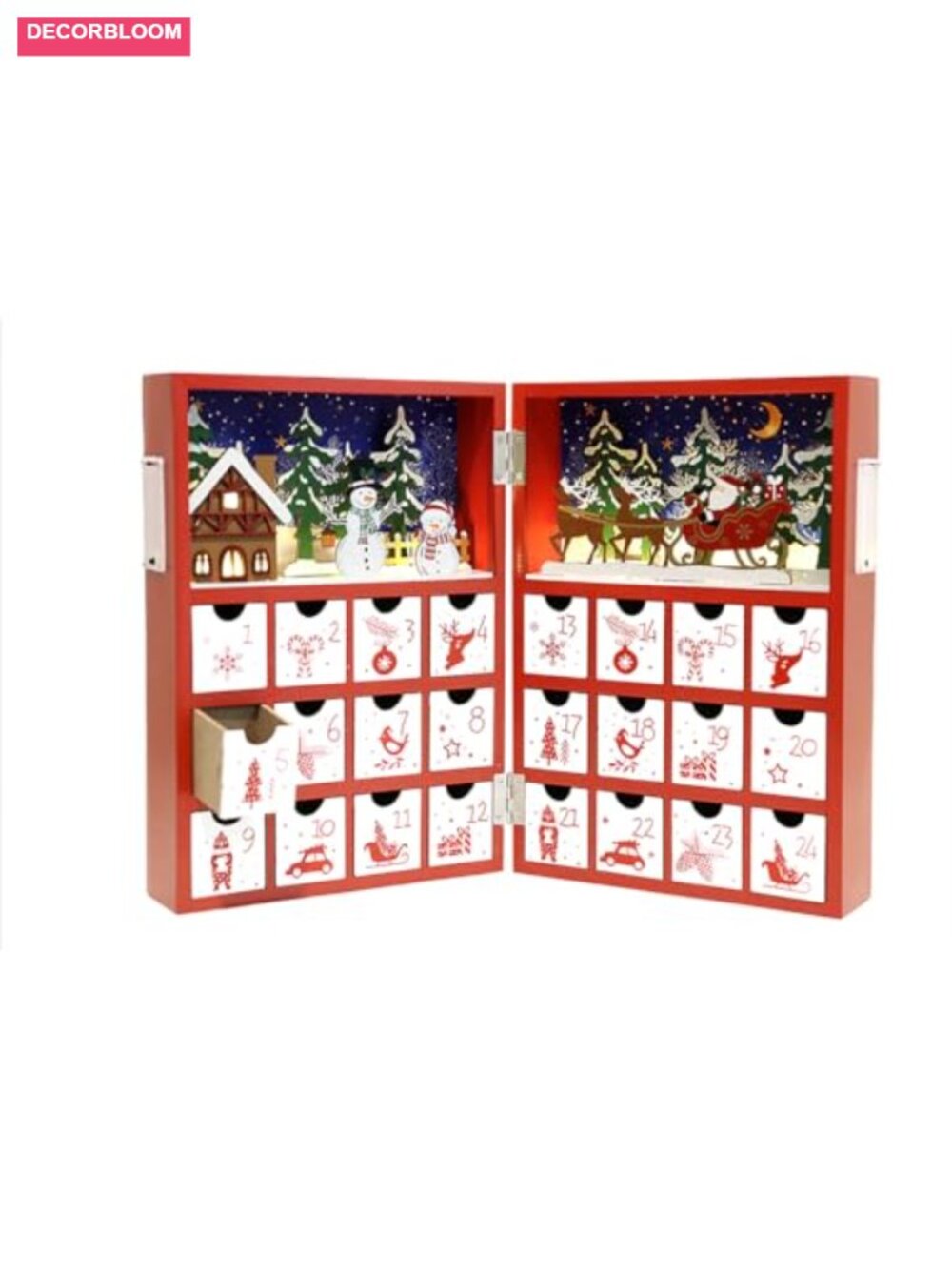 Wooden Christmas Advent Calendar LED Lighted Book 24 Drawers Snowman Santa